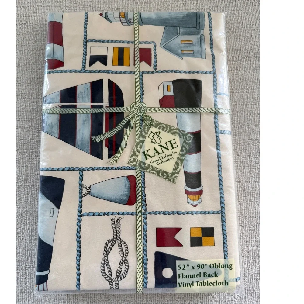 New Kane Flannel Back Vinyl Tablecloth Lighthouse 52x90 Oblong Nautical Coastal